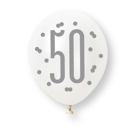 6ct Glitz Rose Gold Number 50 Assorted Platinum & Pearl Premium 30cm Latex Balloons