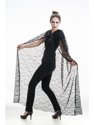 Schädel-Umhang mit Kapuze, schwarz, 145 cm