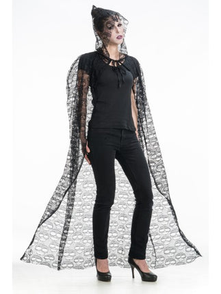 Schädel-Umhang mit Kapuze, schwarz, 145 cm