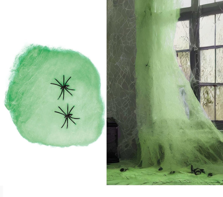 Spinnenweb Groen met 4 Spinnen 60gr - Partywinkel - 8434077197998
