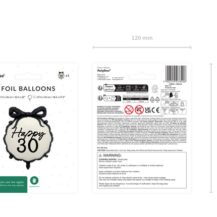 30 Jahre Helium Ballon Schwarz Weiß 53cm