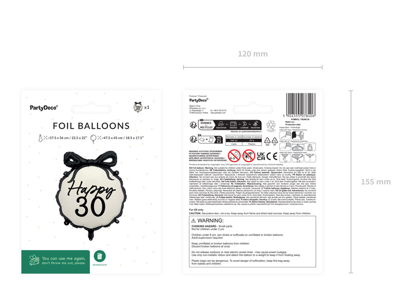30 Jahre Helium Ballon Schwarz Weiß 53cm