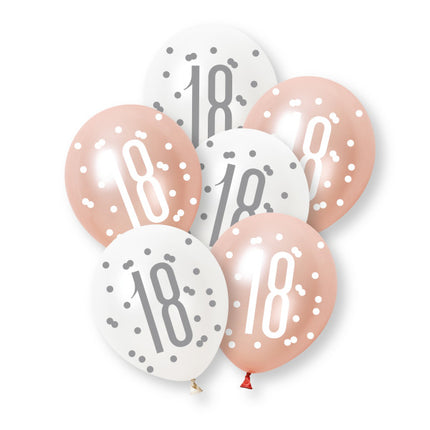 6ct Glitz Rose Gold Number 18 Assorted Platinum & Pearl Premium 30cm Latex Balloons