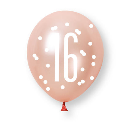 6ct Glitz Rose Gold Number 16 Assorted Platinum & Pearl Premium 30cm Latex Balloons