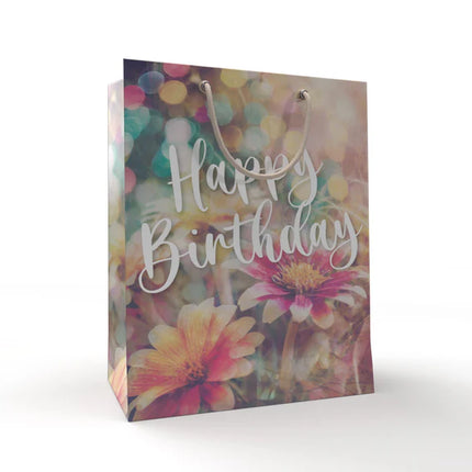 „Happy Birthday“-Geschenktüte mit Blumen, 21 cm, 12 Stück