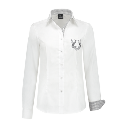 Damenbluse weiß, grauer Karo, Hirsch-Stickerei auf der Brust