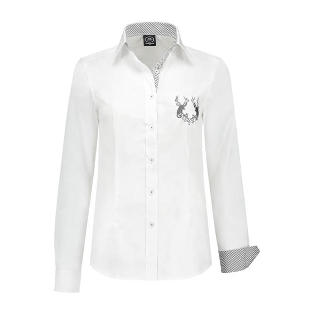 Damenbluse weiß, grauer Karo, Hirsch-Stickerei auf der Brust