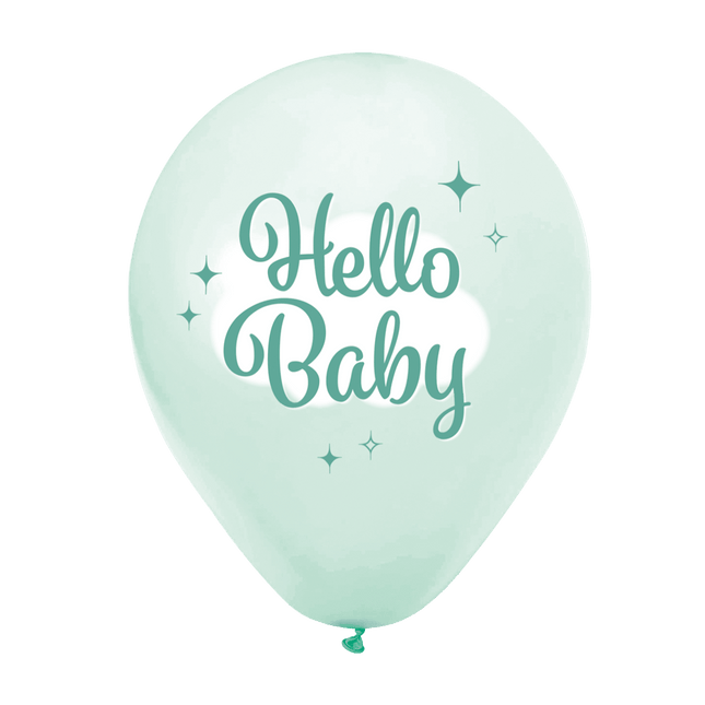 Turquoise Ballonnen Hello Baby 30cm 8st van WeFiesta koop je bij Partywinkel