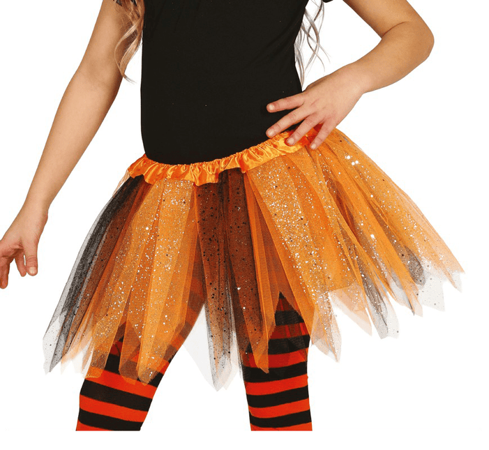 Tutu Glitter Zwart Oranje Kind 31cm van Fiestas Guirca koop je bij Partywinkel