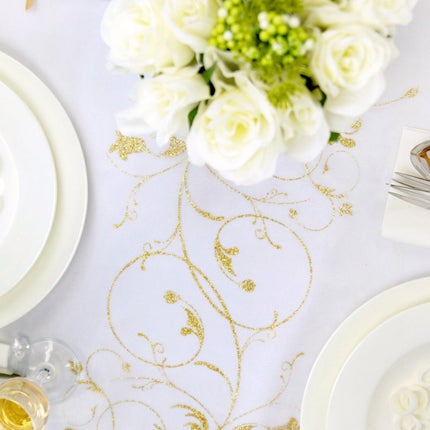 Vanille Creme Organza Stof Gouden Bloemen 36cm 9m van Partydeco koop je bij Partywinkel