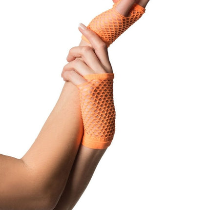 Vingerloze Handschoenen Kort Visnet Neon Oranje van Partychimp koop je bij Partywinkel