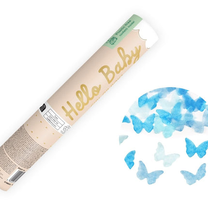 Vlinder Confetti Kanon Blauw 20cm van Partydeco koop je bij Partywinkel