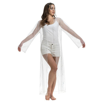 Weiße, lange Tüll-Festivalweste mit Glitzer für Damen, Einheitsgröße