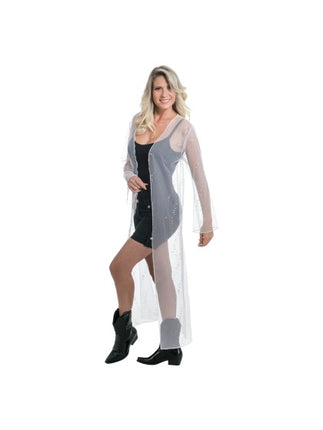 Weiße, lange Tüll-Festivalweste mit Glitzer für Damen, Einheitsgröße