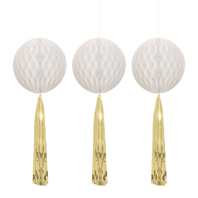 Witte Honeycombs Met Gouden Tassels 3st van Unique koop je bij Partywinkel