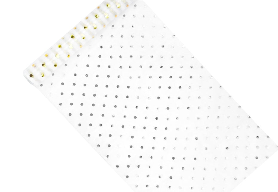 Witte Organza Stof Gouden Stippen 36cm 9m van Partydeco koop je bij Partywinkel