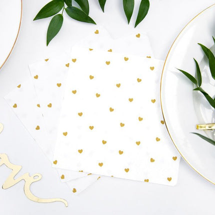 Witte Servetten Gouden Hartjes 33cm 20st van Partydeco koop je bij Partywinkel