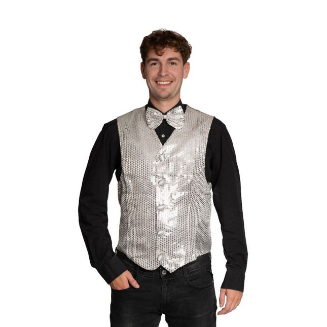 Zilveren Gilet Met Strik 2 delig van Partychimp koop je bij Partywinkel