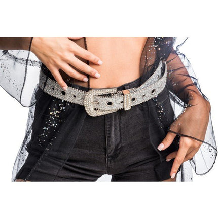 Zilveren Glitterriem met Strass Western Gesp 112cm van CHAKS koop je bij Partywinkel
