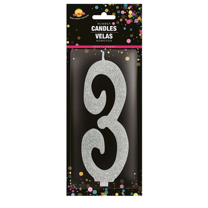 Zilveren Kaars 3 Jaar Glitter 12,5cm van Fiestas Guirca koop je bij Partywinkel