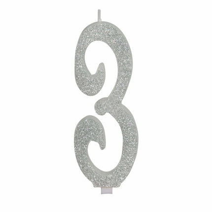 Zilveren Kaars 3 Jaar Glitter 12,5cm van Fiestas Guirca koop je bij Partywinkel