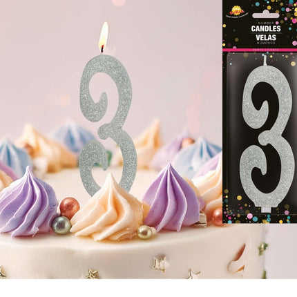 Zilveren Kaars 3 Jaar Glitter 12,5cm van Fiestas Guirca koop je bij Partywinkel