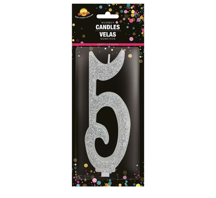 Zilveren Kaars 5 Jaar Glitter 12,5cm van Fiestas Guirca koop je bij Partywinkel