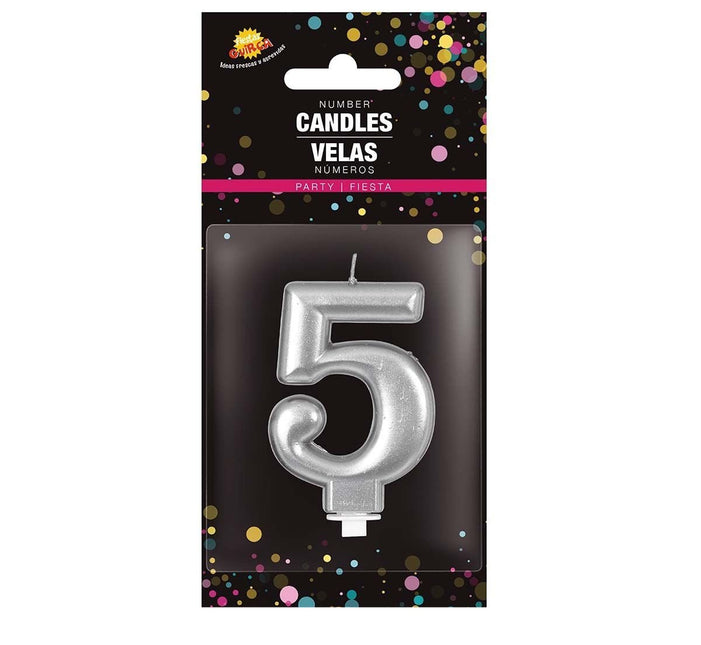 Zilveren Kaars 5 Jaar Metallic 8cm van Fiestas Guirca koop je bij Partywinkel
