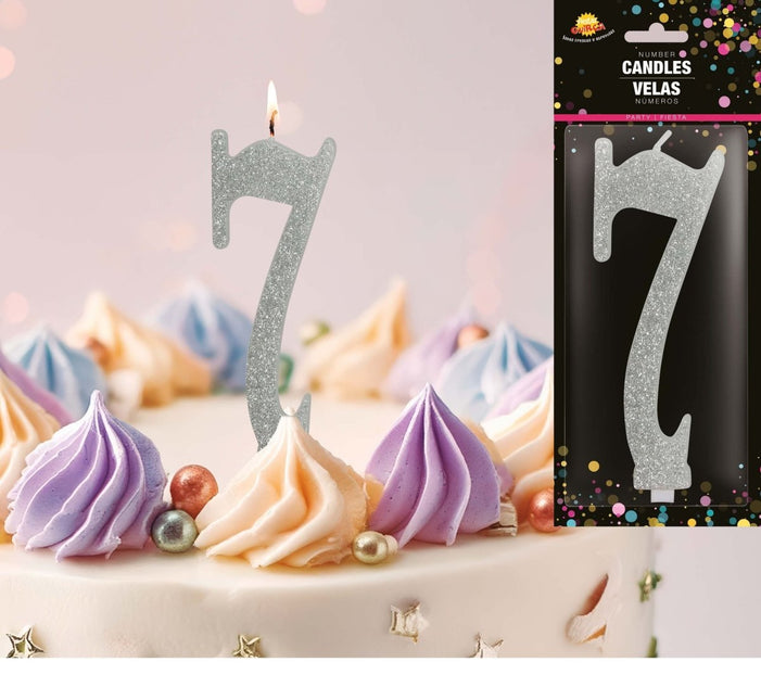 Zilveren Kaars 7 Jaar Glitter 12,5cm van Fiestas Guirca koop je bij Partywinkel