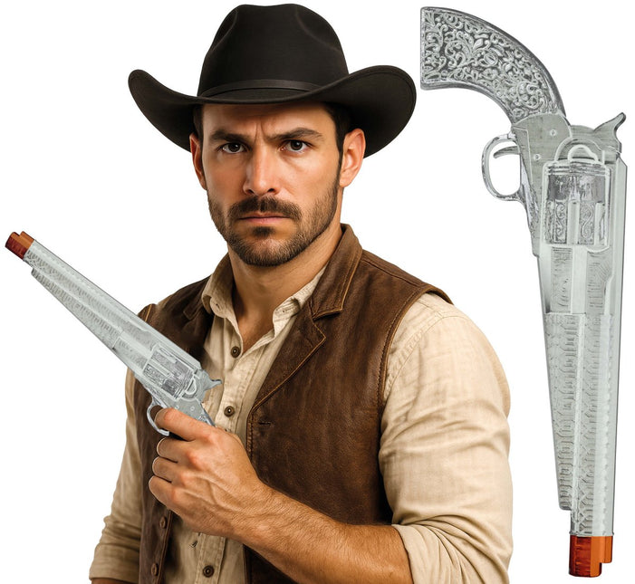 Zilveren Nep Pistool Lang 30cm van Fiestas Guirca koop je bij Partywinkel