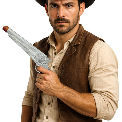 Zilveren Nep Pistool Lang 30cm van Fiestas Guirca koop je bij Partywinkel