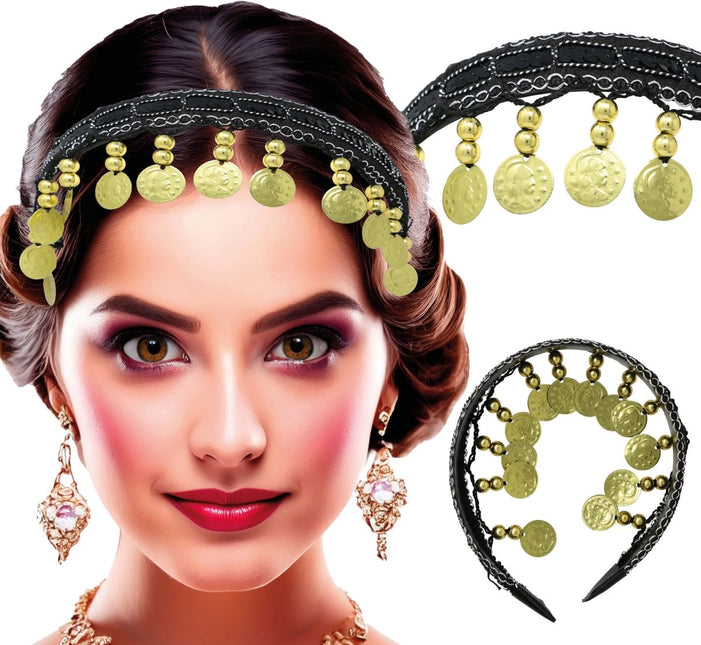 Zwart Gouden Hoofdband Munten - Partywinkel - 8434077137697
