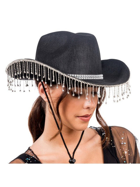 Zwarte Cowboyhoed met Hangende Strass One Size van CHAKS koop je bij Partywinkel