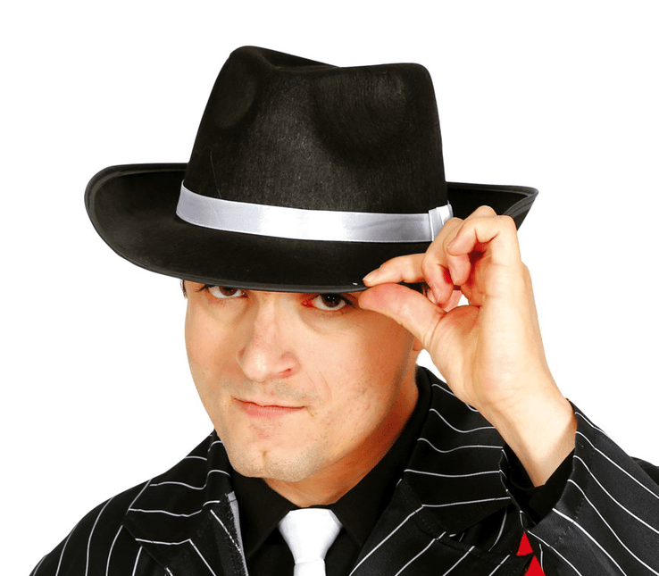 Zwarte Gangster Hoed Wit Lint van Fiestas Guirca koop je bij Partywinkel