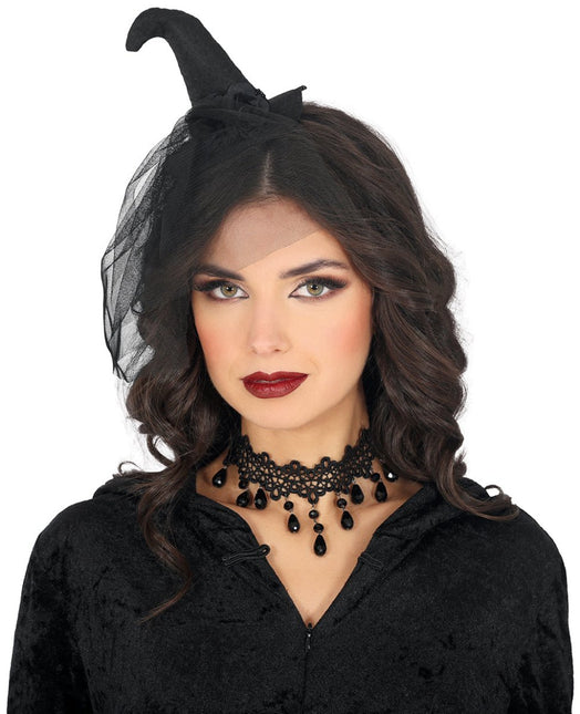 Zwarte Haarband Mini Heksenhoed Met Sluier van Fiestas Guirca koop je bij Partywinkel