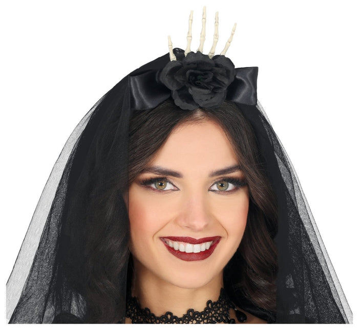 Zwarte Haarband Skelet Sluier En Bloem van Fiestas Guirca koop je bij Partywinkel