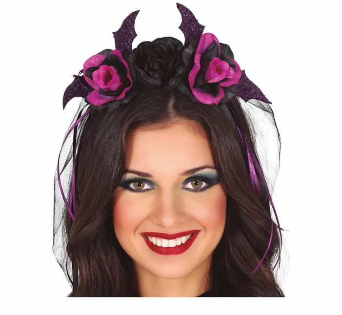 Zwarte Halloween Haarband Paarse Bloemen En Sluier van Fiestas Guirca koop je bij Partywinkel