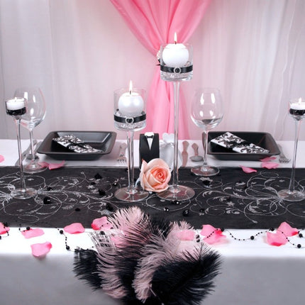 Zwarte Organza Stof Zilveren Bloemen 36cm 9m van Partydeco koop je bij Partywinkel